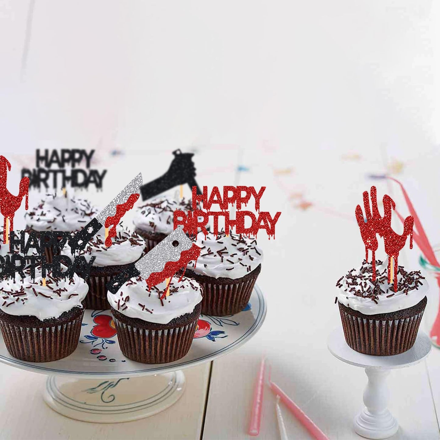 Halloween Birthday Cupcake Toppers Horror Movie Themed Blood Knife Killer Party Cake Decorations Spooky Food Picks