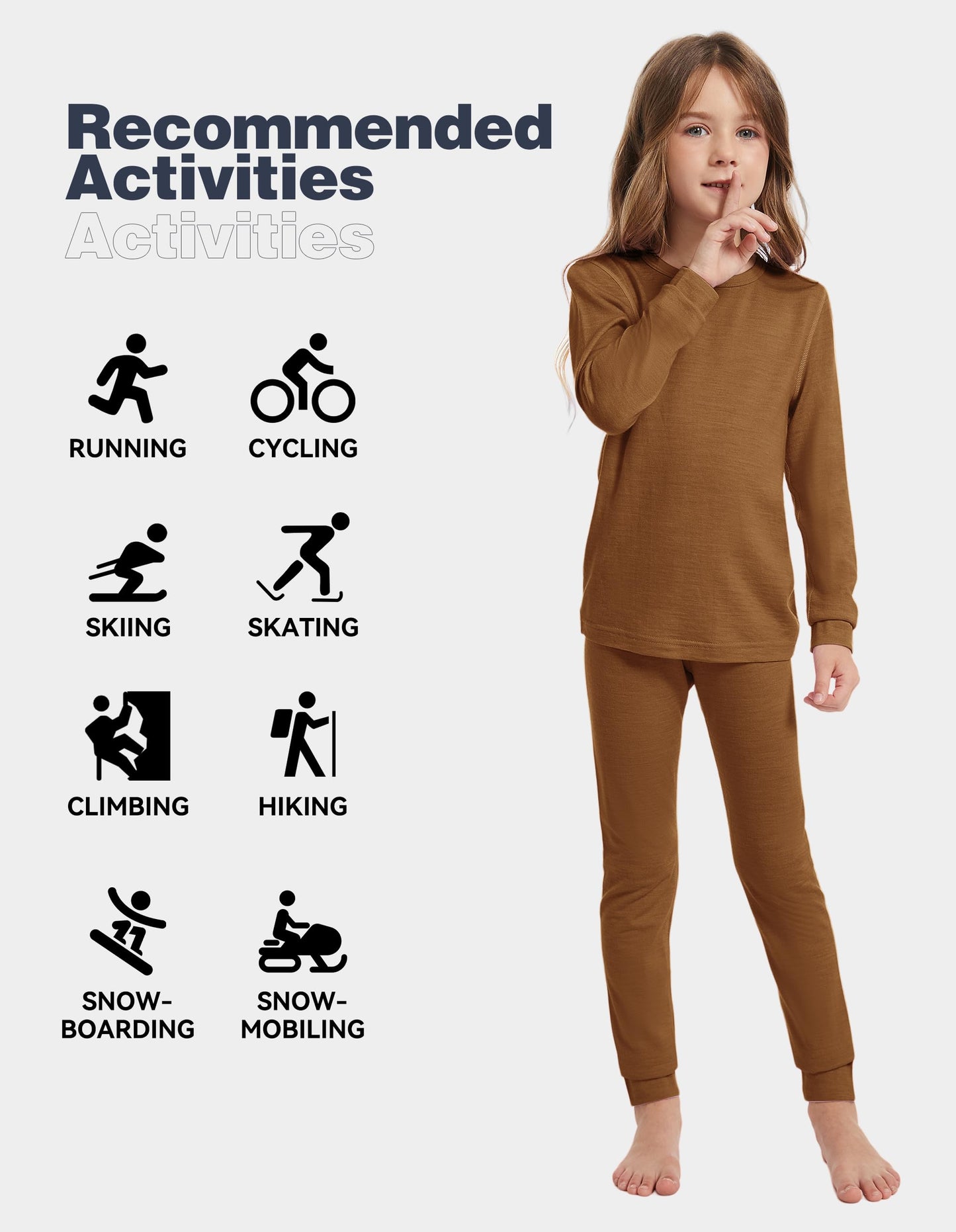 woolcano Kids Unisex 100% Merino Wool Base Layer Sets Lightweight Thermal Underwear Cooper 9-10