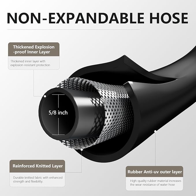 Garden Hose 5/8" x 50ft - Brass Rubber Heavy Duty Water Hose 600 PSI Burst Pressure, Durable Flexible Hose for Yard, Car Wash, Pets Black