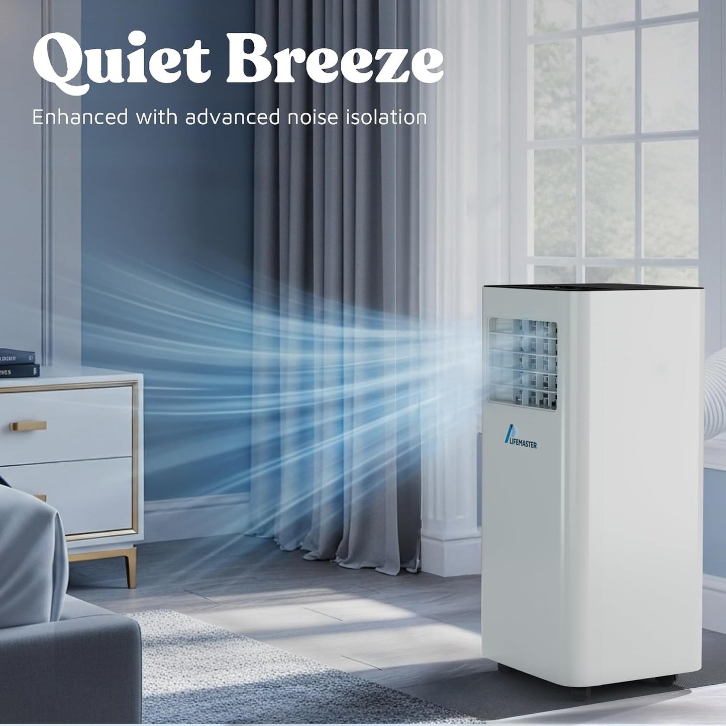 Lifemaster 3-in-1 Portable Air Conditioner, 8,000 BTU Rolling AC Unit with Cooling, Fan and Dehumidifier for Rooms up to 250 Sq. Ft., Remote Control, Digital Touch Panel, Window Kit Included, White