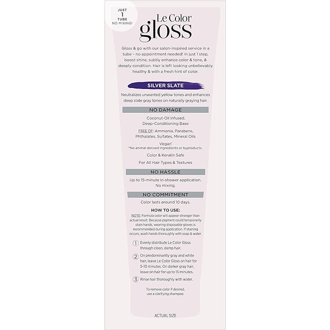 L'Oreal Paris Le Color Gloss One Step Toning Gloss, In-Shower Hair Toner with Deep Conditioning Treatment Formula for Gray Hair, Silver Slate, 1 Kit