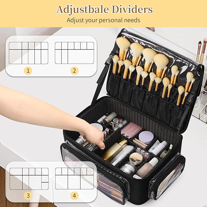 Large Makeup Case Cosmetic Organizer Box Brush Holder, Travel Makeup Train Case with 3 Clear Bags, Professional Makeup Artist Bag Cosmetic Case with Adjustable Dividers and Shoulder Strap