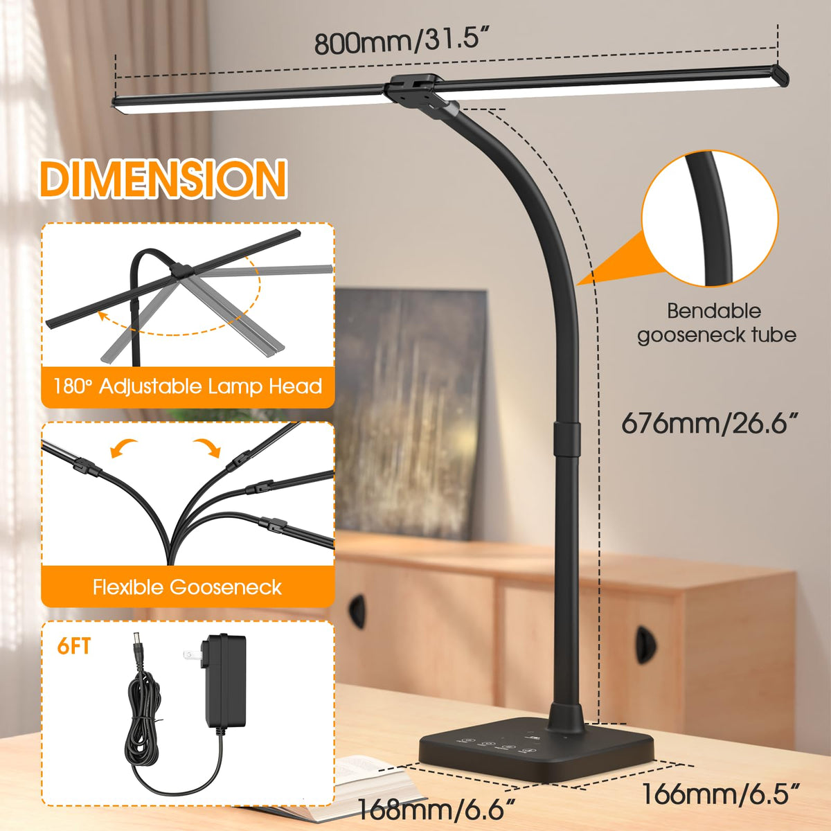 ShineTech LED Desk Lamp for Home Office, 24W Double Head Desk Light with Wireless Charging, USB Port, 25 Lighting Modes Adjustable Gooseneck Lamps