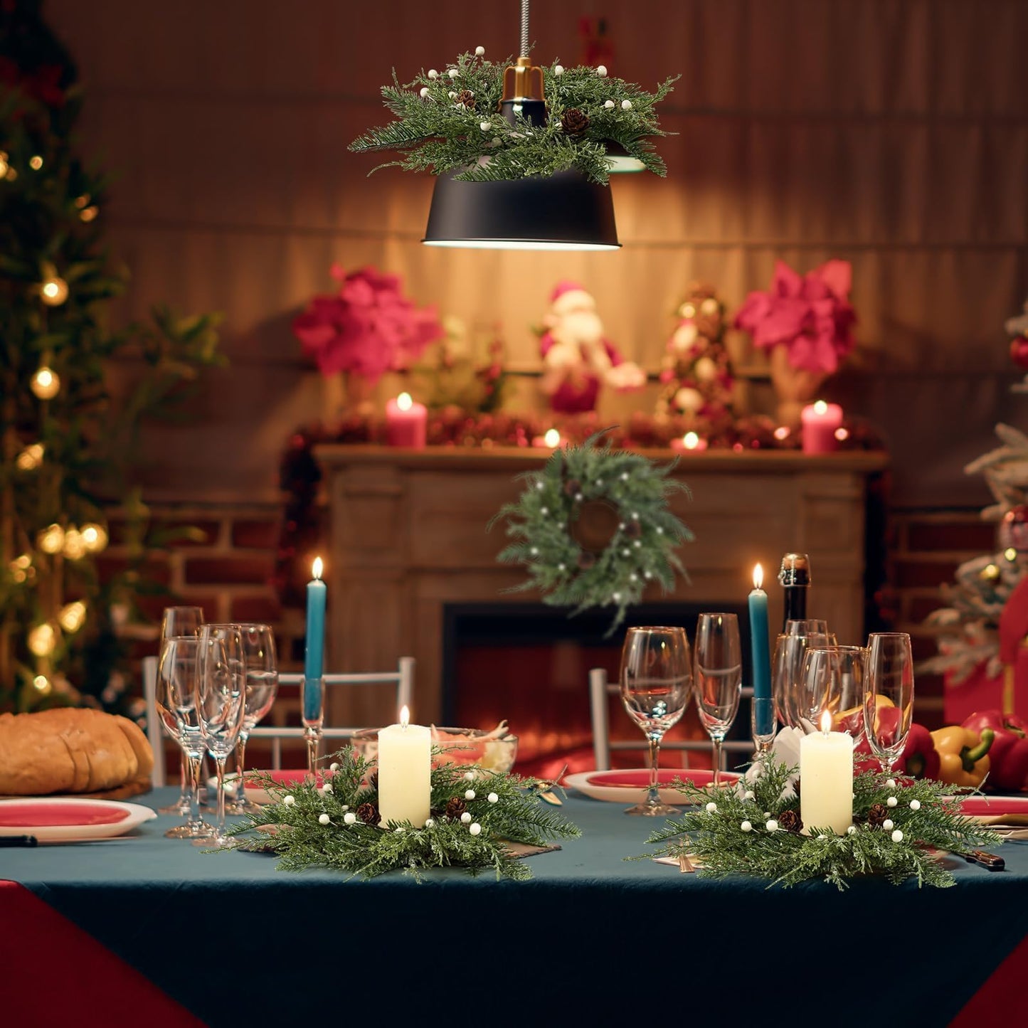 6 PCS Christmas Wreath Candle Rings Mini Wreath Pine Garland Artificial Frosted Cedar and Pine Cone Candle Rings Holder for Christmas Wedding Home Table Centerpiece Door Window Chair Wall