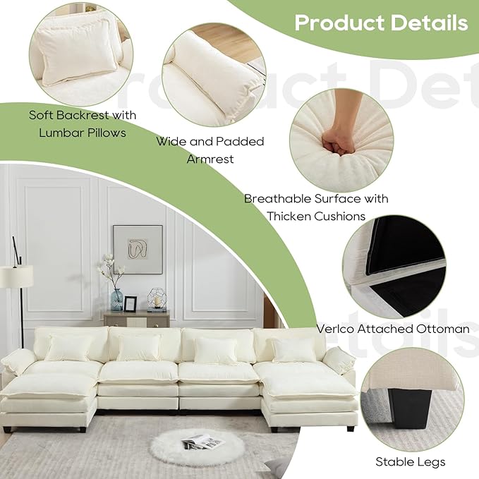 Oprisen 154" Modular Sectional Sofa, Comfy Cloud Couch Sectional Sofa with Ottoman, Chenille Sofa Sleeper Deep Seat Sofa with Throw Pillows for Living Room (Beige White, 154"- U Shape)