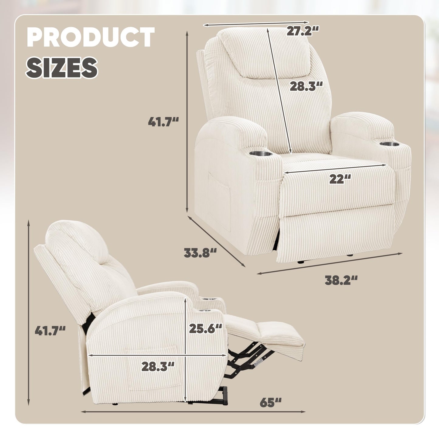VICTONE Electric Power Lift Recliner Chair for Elderly Reclining Sofa for Living Room with Massage, Side Pockets and Cup Holders (Corduroy, Beige)