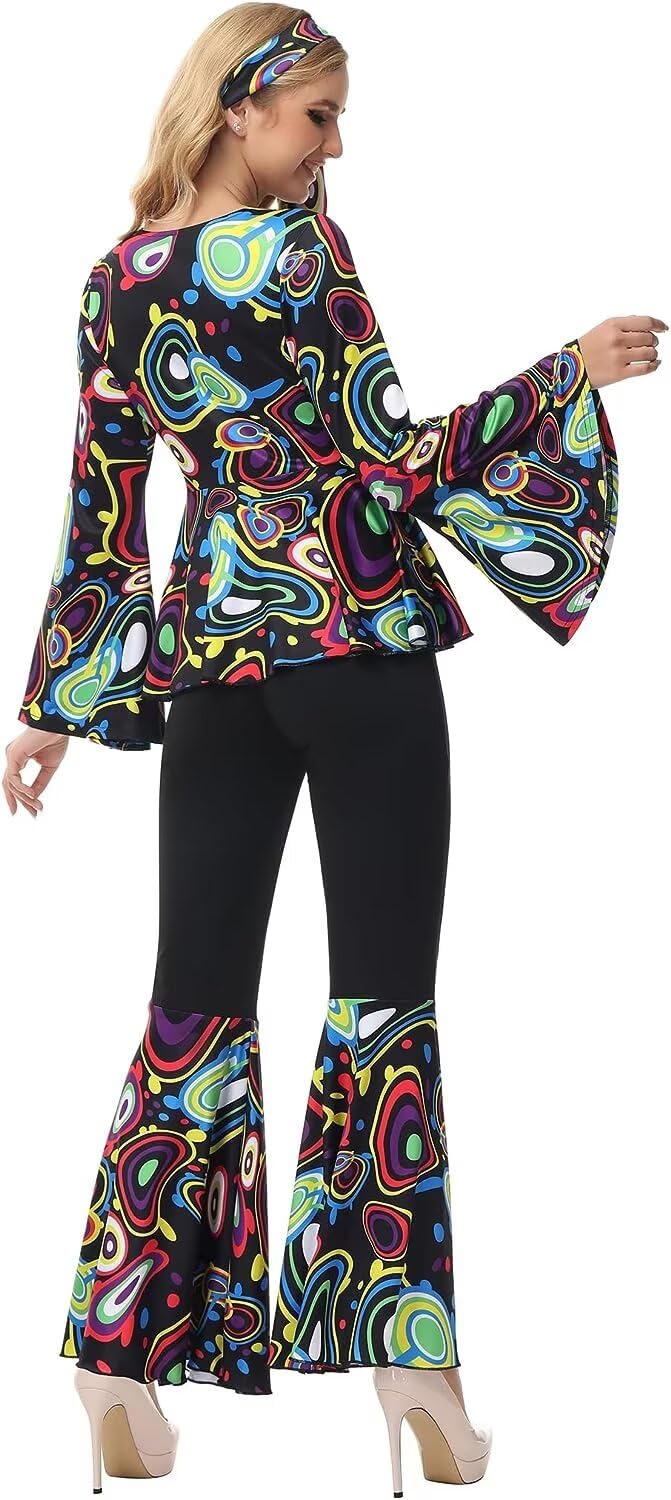 Disco Outfit Women 70s Hippie Costume Disco Top Pants Set Halloween Cosplay Clothes Plus Size Black XL