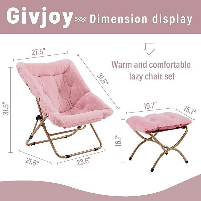 Givjoy Comfy Folded Chair with Ottoman, Oversized Folding Faux Fur Chair Soft Furry Lounge Lazy Chair with Metal Frame Moon Chair Accent Chair for Bedroom, Living Room, Dorm Rooms