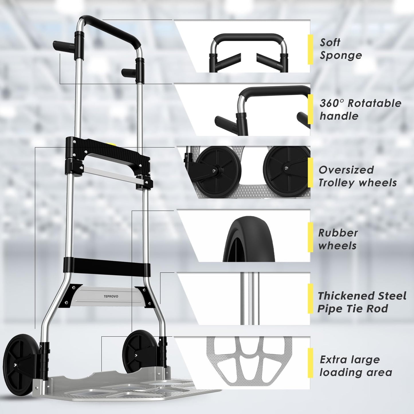 Teprovo Folding Hand Truck Dolly Cart,340LB Capacity Portable Aluminum Dolly Cart with Telescoping Handle and 7 Inch Rubber Wheels for Moving,Shopping,Travel,Office Use