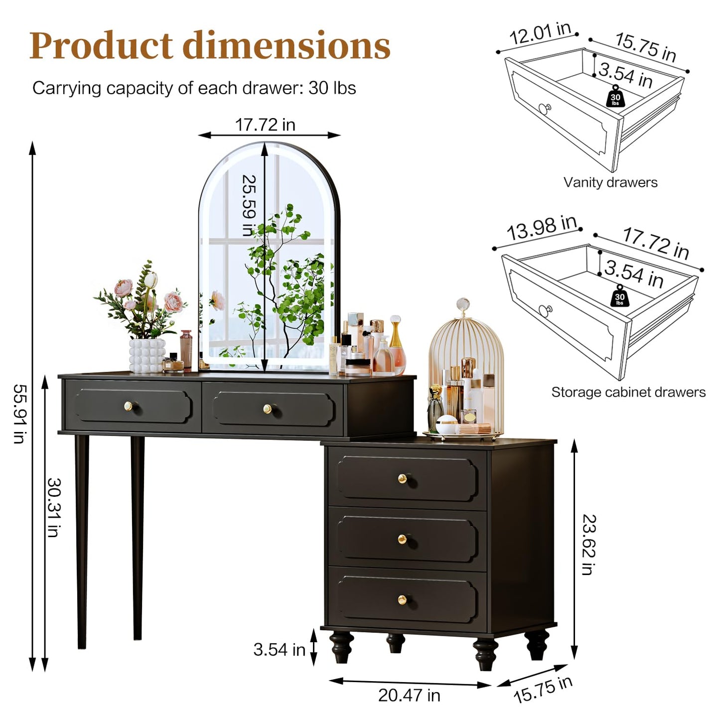 Ieejdn Black,Vanity Desk with Mirror and Lights,Makeup Vanity with Power Outlet and Adjustable Cabinet,Modern Makeup Table with 3 Drawers for Bedroom Makeup Room