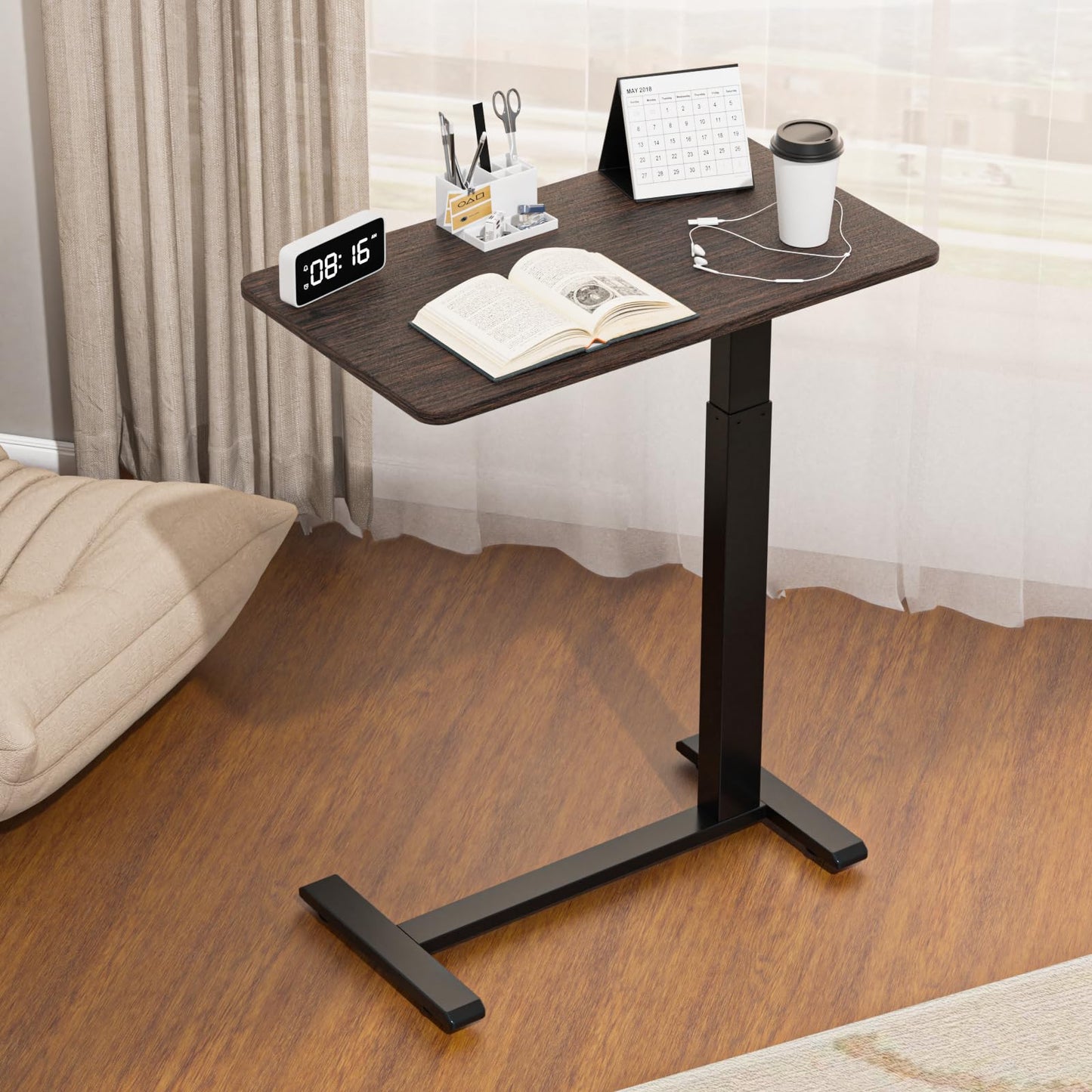 Ywin Adjustable Height Side Table, Adjustable Bedside Table with Wheels, Overbed Bedside Table, Pneumatic Moveable Bed Desk, Rolling Hospital Bed Table(Black Walnut)