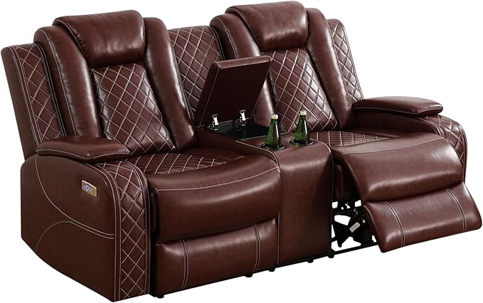 AYCP Multifunction Power Air Leather Recliner Sofa Set with LED Lights, Living Room Furniture, Reclining Sofa, loveseat, Chair with USB Port/Storage (Brown, 3 Pieces)