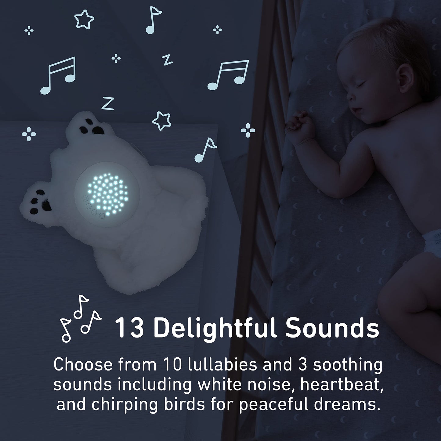 PureBaby Sound Sleepers Portable Sound Machine & Star Projector - Plush Sleep Aid for Baby and Toddlers with Soothing Night Light Display, 10 Lullabies, White Noise, and Heartbeat Sounds (Polar Bear)