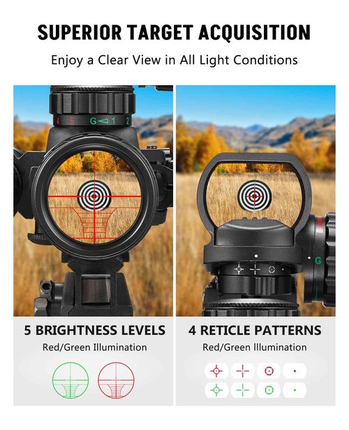 MidTen 3-9x32 5-in-1 Scope Combo with Dual Illuminated Rangefinder Reticle Scope, Laser Sight, Red Dot Sight, Flashlight with 20mm Mount, Green