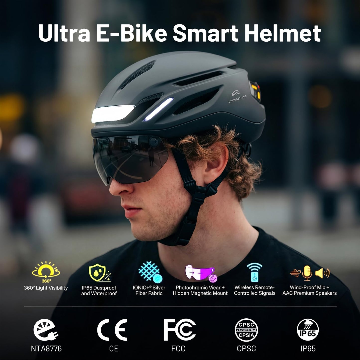ASIEVIE Smart Commuter E-Bike Helmet, NTA-8776 Certified for 28mph, 360° Smart Lighting with Turn Signals & Brake Alert, Magnetic Shield for Cycling, Scooter, Bicycle, Adults (Black, M)