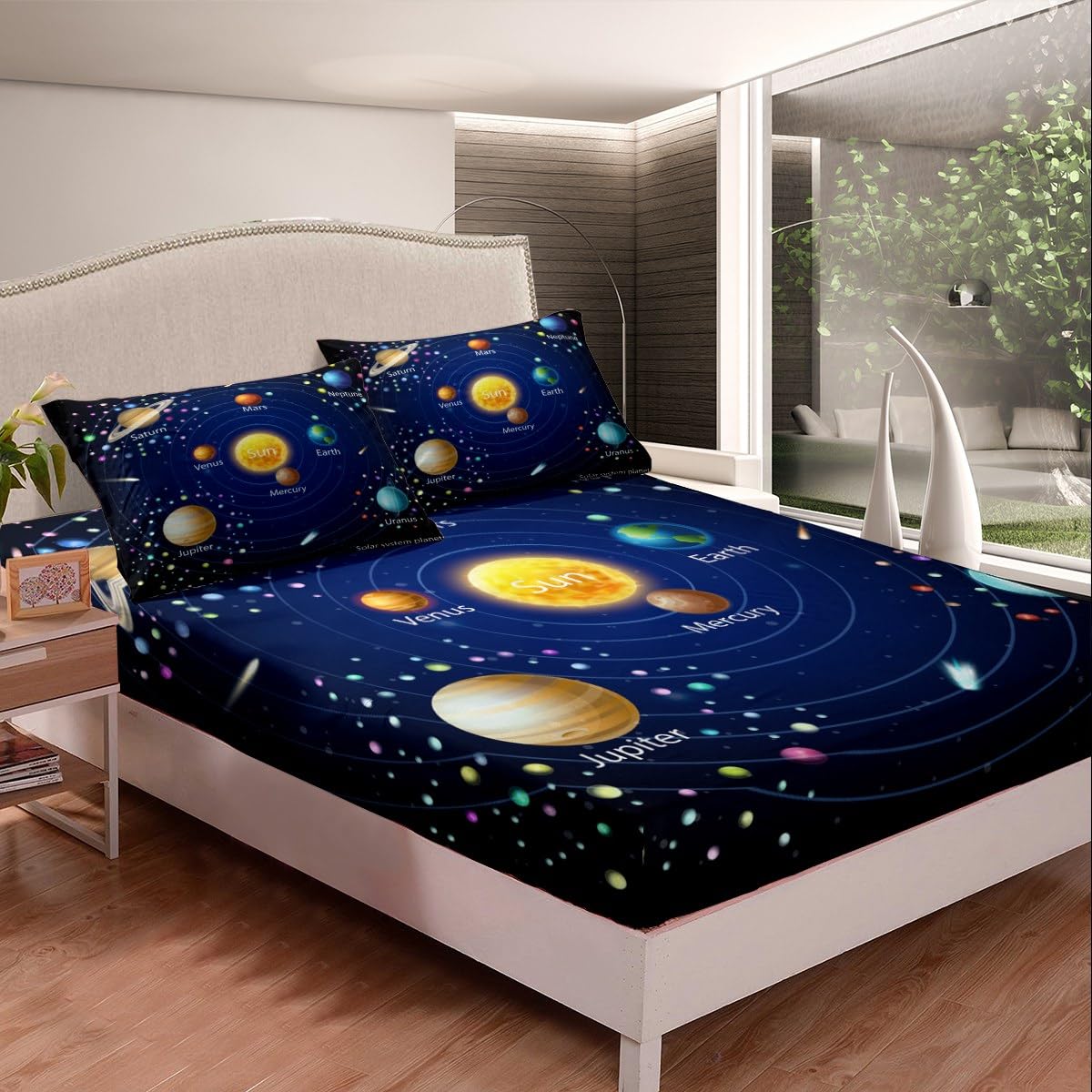 Kids Outer Space Fitted Sheet, Boys Starry Sky Galaxy Bed Sheet Twin Size Planet Space Bedding Set for Girls Teens Adult Bedroom Decor, Solar System Cosmos Fitted Bed Sheets, Blue Purple(No Top Sheet)