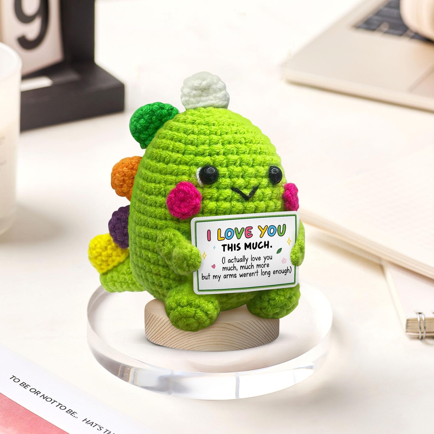 Gossby Handmade Positive Dinosaur Crochet - I Love You This Much - Gift for Husband, Boyfriend - Romantic Anniversary, Valentines, Xmas, Birthday Gift for Him from Wife, Girlfriend - Knitted Decor