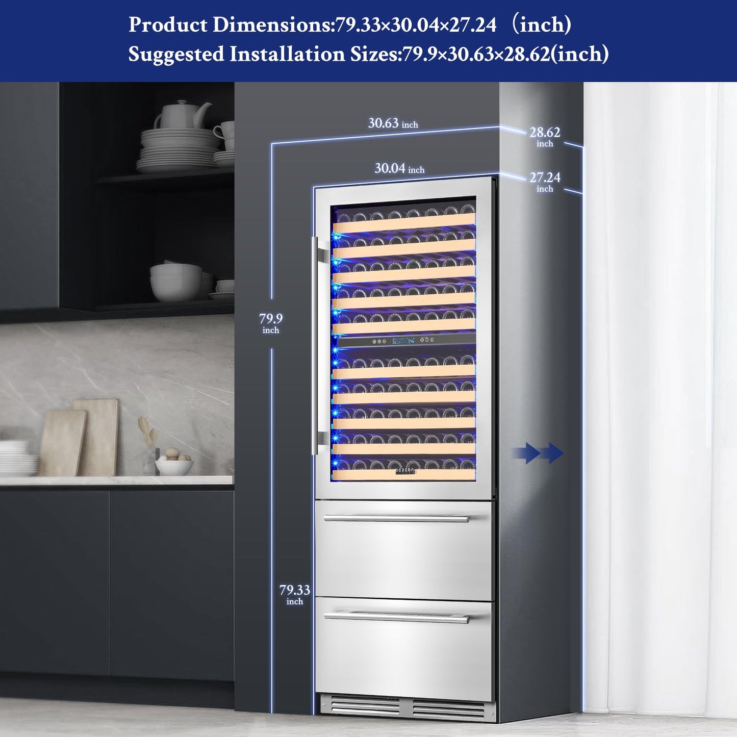 BODEGACOOLER Wine and Beverage Refrigerator, 30 Inch 2 IN 1 Dual Zone Wine Cooler,Built-in or Freestanding Beverage Cooler, Soft LED Light Hold 150 Bottles and 234 Cans