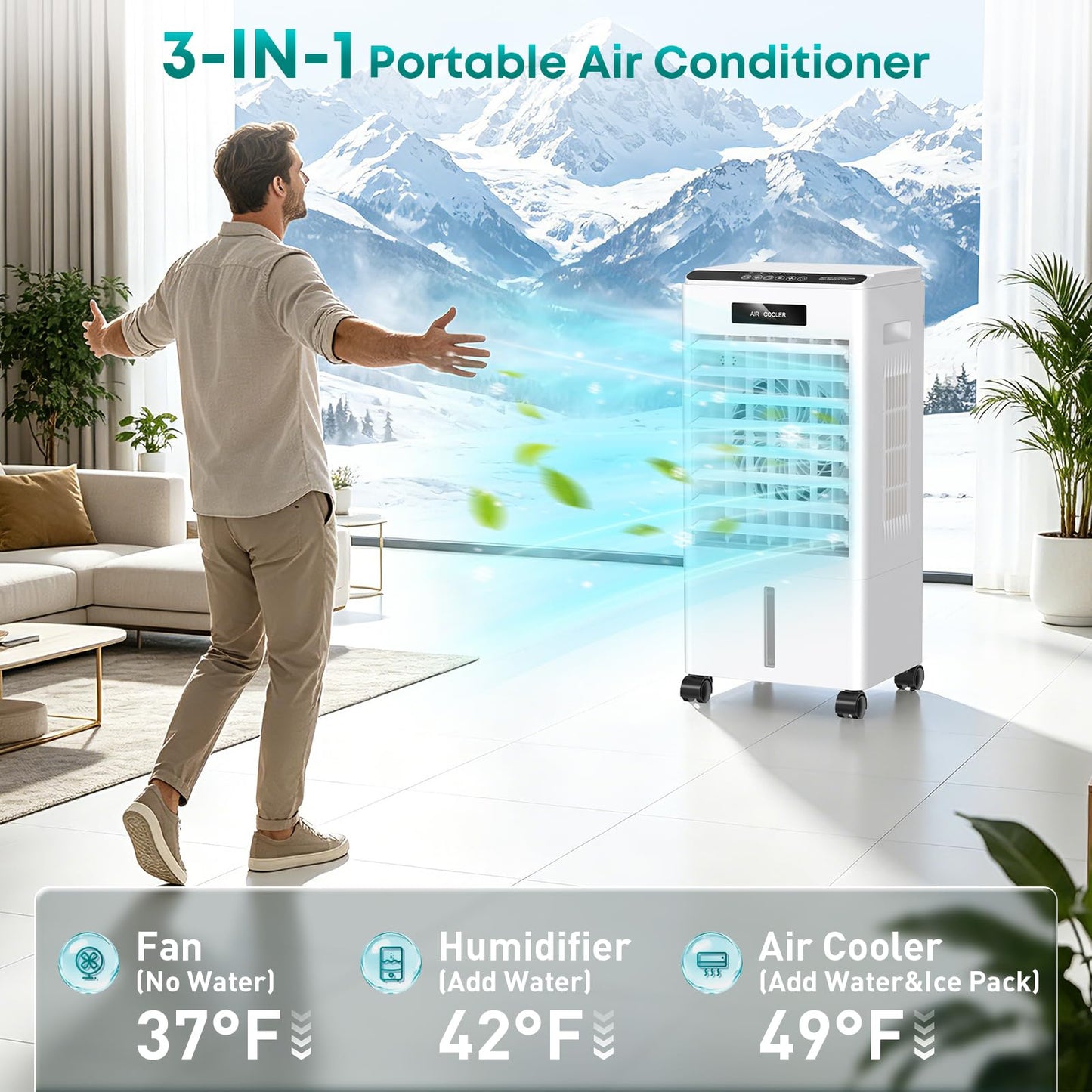 Portable Air Conditioners, Windowless Portable AC with 3 Speeds, 3 Modes, 8L Evaporative Air Cooler w/7H Timer, 90°Oscillation, Remote Control Air Conditioners for Bedroom, Small Room, Home (White)