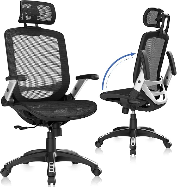 GABRYLLY Ergonomic Office Chair, High Back Home Desk Chair with Headrest, Flip-Up Arms, 90-120° Tilt Lock and Wide Cushio...