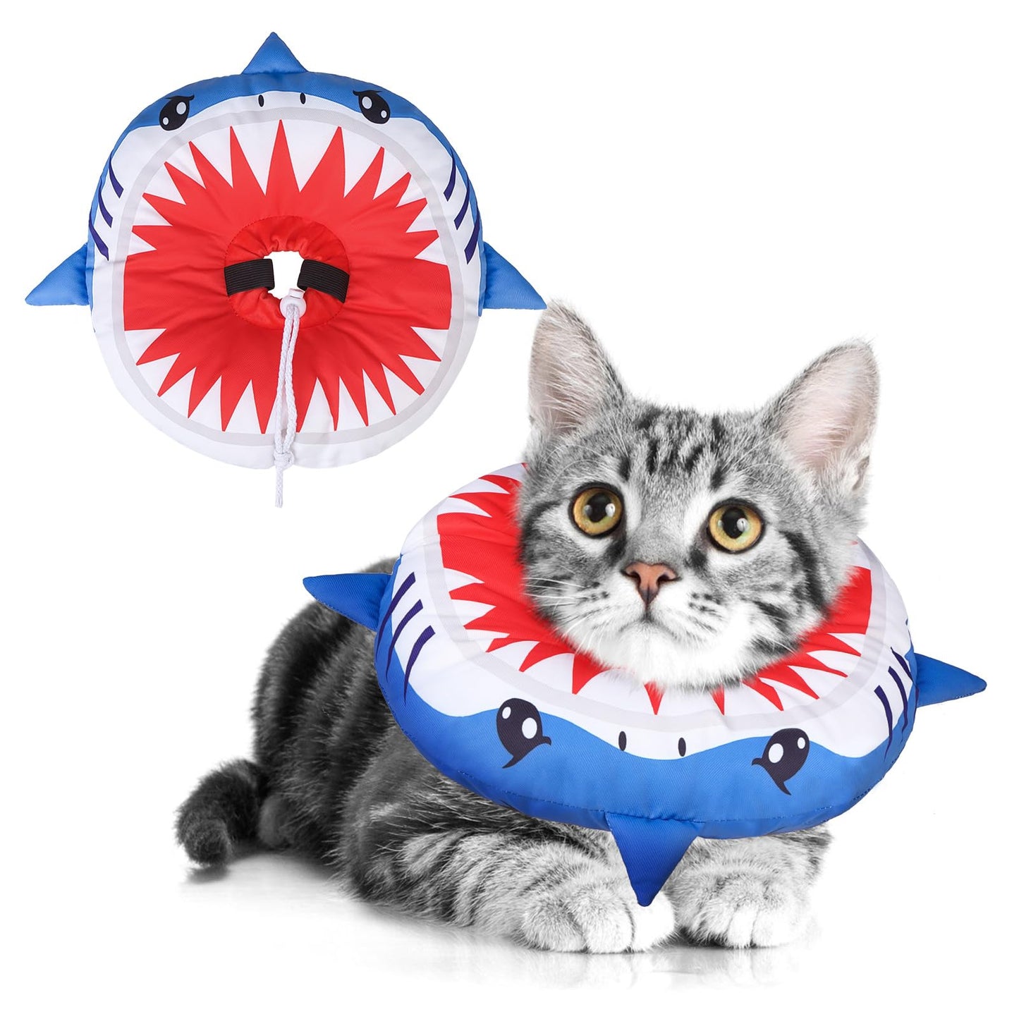 BEAUTYZOO Cat Cone Collars Soft, Cat Recovery E Collars After Surgery to Stop Licking, Adjustable Elizabeth Circle Collar Cute Pet Donut Pillow for Cats Kitten Small Dogs, Cute Shark S