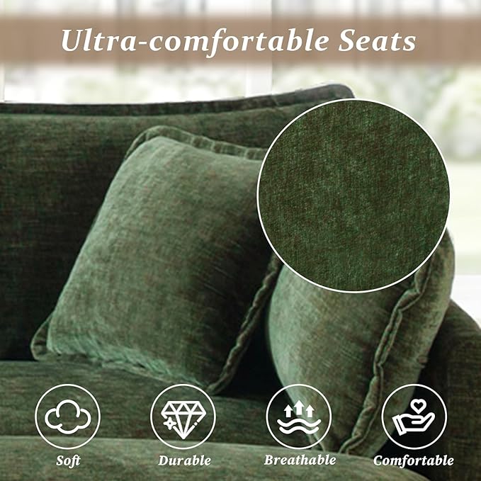 SoarFlash Chenille Sectional Sofa, Comfy L Shaped Modular Coush Sofa with Ottoman, Modern 3 Seat Couch Deep Seat Sofa Set for Living Room,Green
