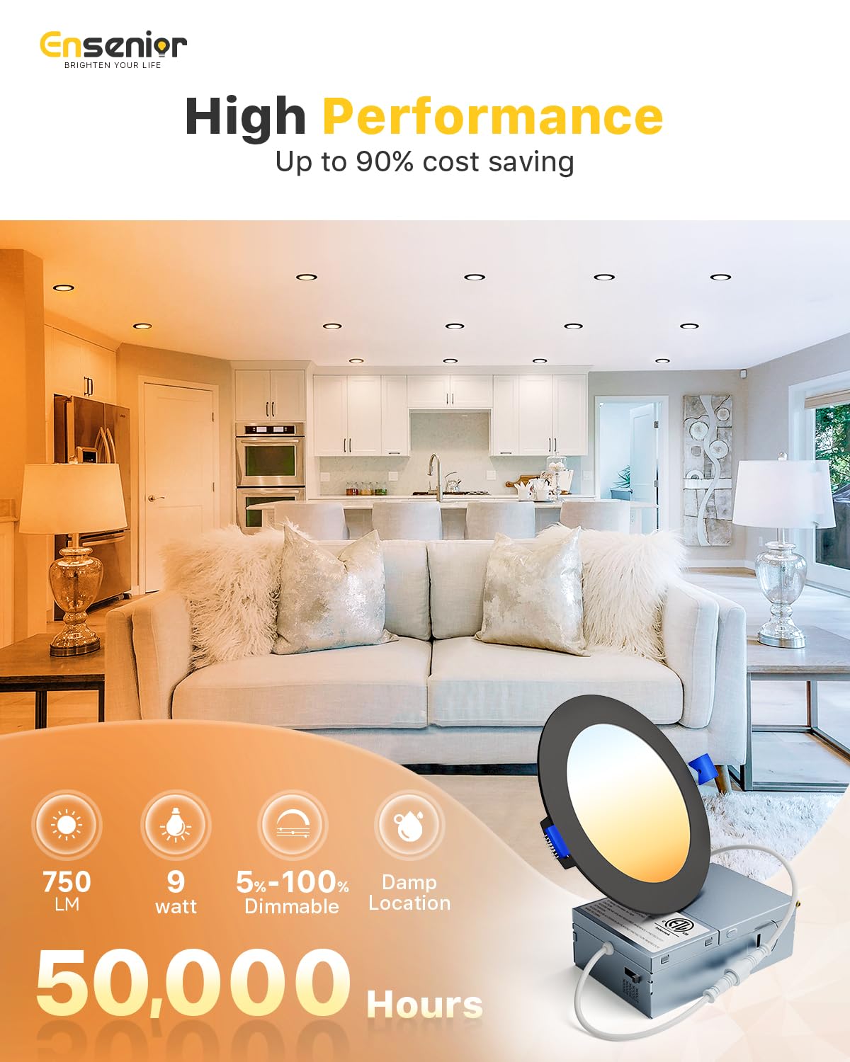 Ensenior 6 Pack 4 Inch LED Recessed Light, Dimmable, 2700K-5000K 5CCT, 750LM High Brightness, 9W 120V, Damp Rated, Ultra-Thin Canless Wafer Light, Black - ETL & FCC & IC
