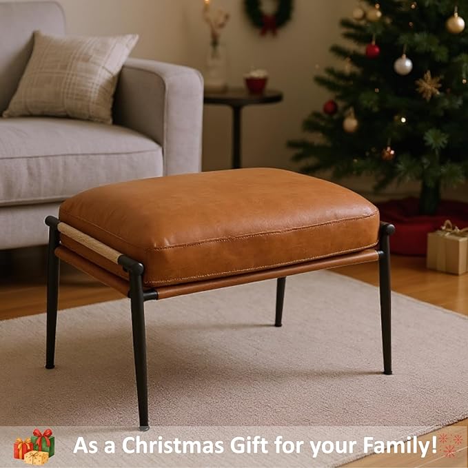 HEAH-YO Modern Footstool Ottoman Set of 1, Upholstered PU Leather Fabric Footrest Ottoman with Metal Legs, Small Footrest Extra Seating for Living Room Entryway, Brown