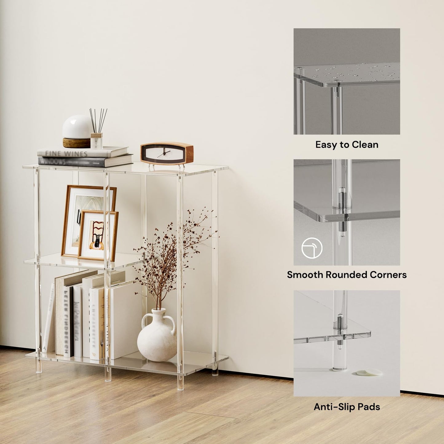 CRTERICX Acrylic 3-Cube Bookshelf for Small Spaces, 11.6" D x 23.6" W x 26.5" H, Clear Short Bookcase, Modern, 3-Tier Open Book Shelf for Living Room, Bedroom, Office, Easy Assembly