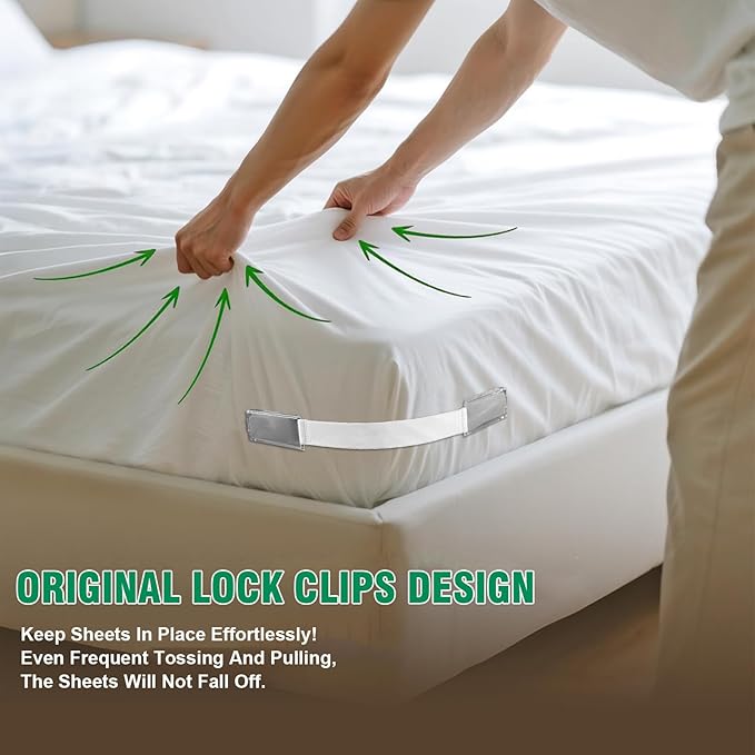 Bed Sheet Holders for Corners, 4Pcs Heavy Duty Fitted Sheet Holder with Lock Fastener Straps &Anti-Slip Pads Keep Sheets Firm&Tight, No More Loose Sheets, Easy Installation for Any Mattress(Deep Gray)