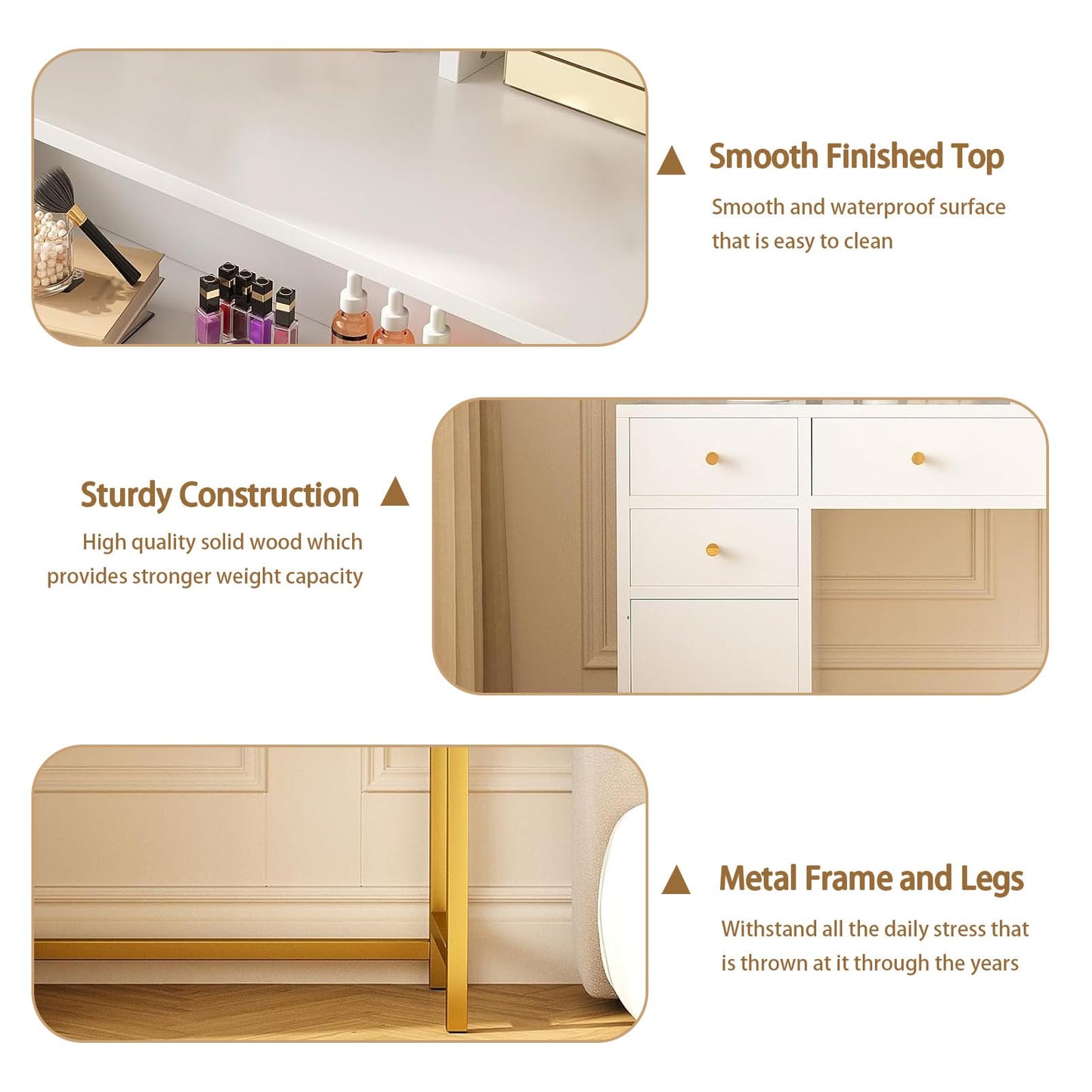 White Vanity Desk with LED Lighted Mirror & Power Outlet, 3 Lighting Modes, Brightness Adjustable Glass Top Makeup Table for Bedroom, White and Gold Dressing Table for Women – Beauty Station & Organiz