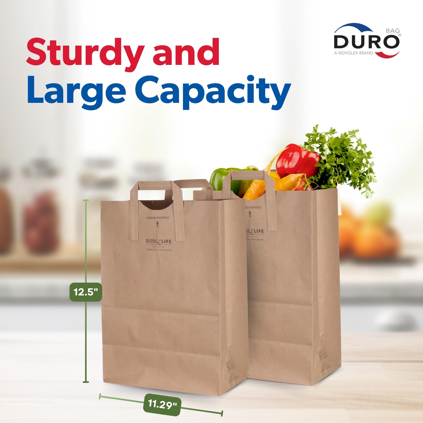 DURO 70# Brown Grocery Bags with Handles Bulk 50 Pack 12x7x17 Inch Kraft Paper bags for Grocery, Retail, Party, Shopping, Gift, and Takeout Use, Heavy-Duty Large Brown Kraft Bag for Packaging