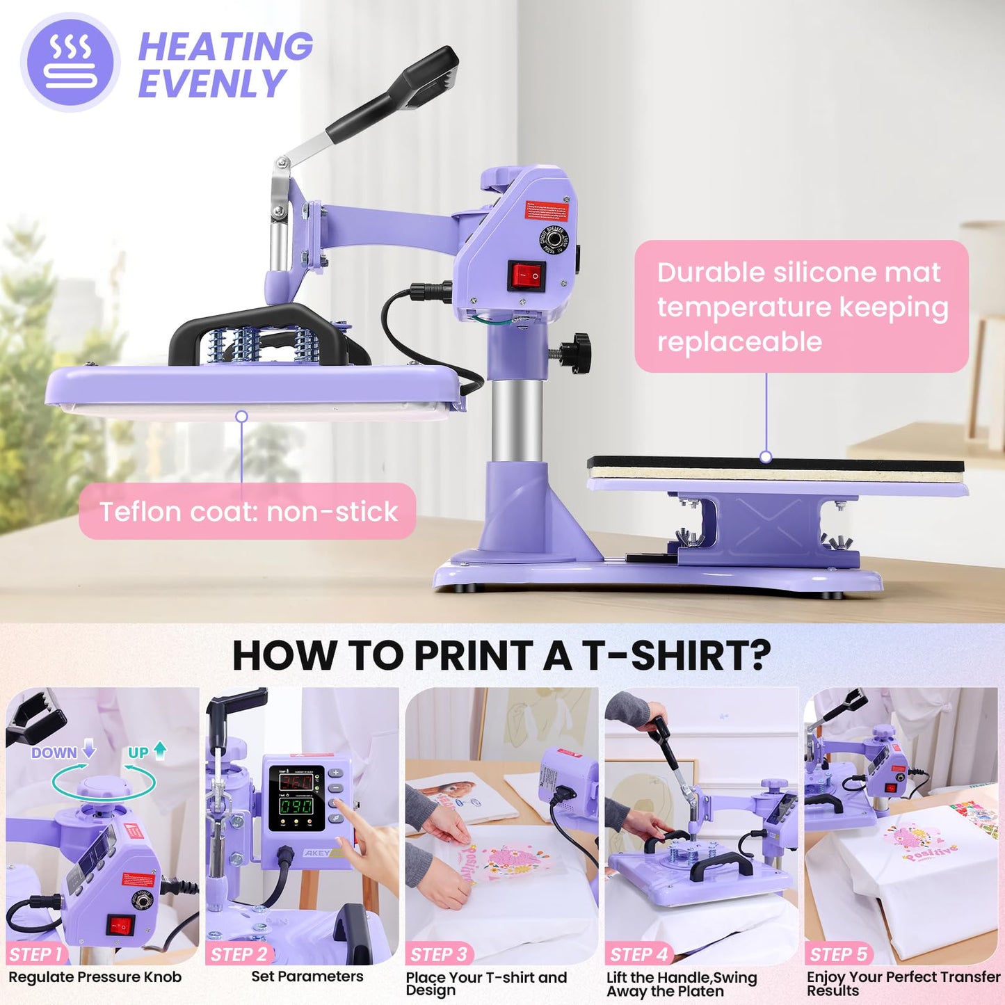 AKEYDIY Upgraded 8 in 1 Heat Press Machine for Tshirts 12X15 Inch, 360° Swing Away Shirt Press Machine for Sublimation, Multifunctional Heat Transfer Machine Combo for Shirts (Purple-8 in 1)
