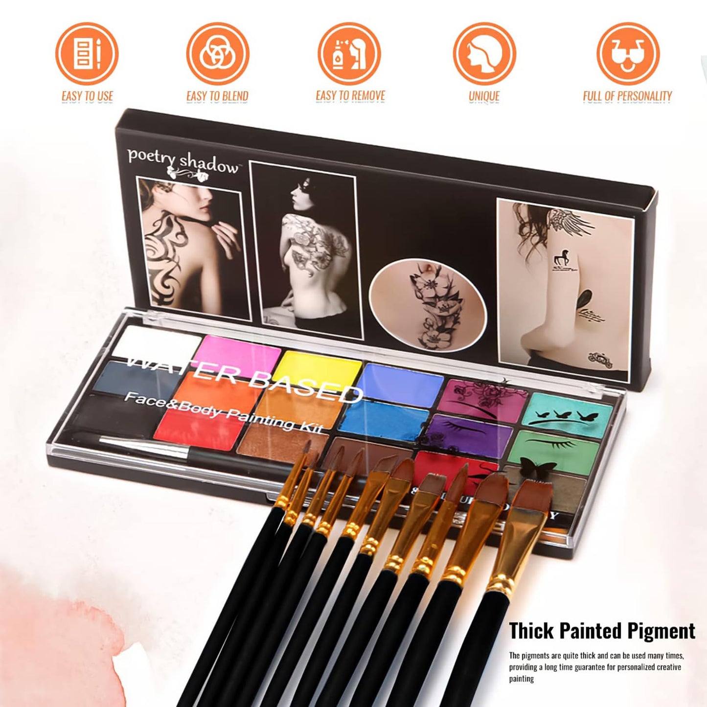 BRIMFULITE Face Painting Kit Non-toxic Body Paint Washable 18 Colors Facepaint Makeup Kit for Adults with 10 Face Paint Brushes for Halloween Party Cosplay Makeup (Color 001)
