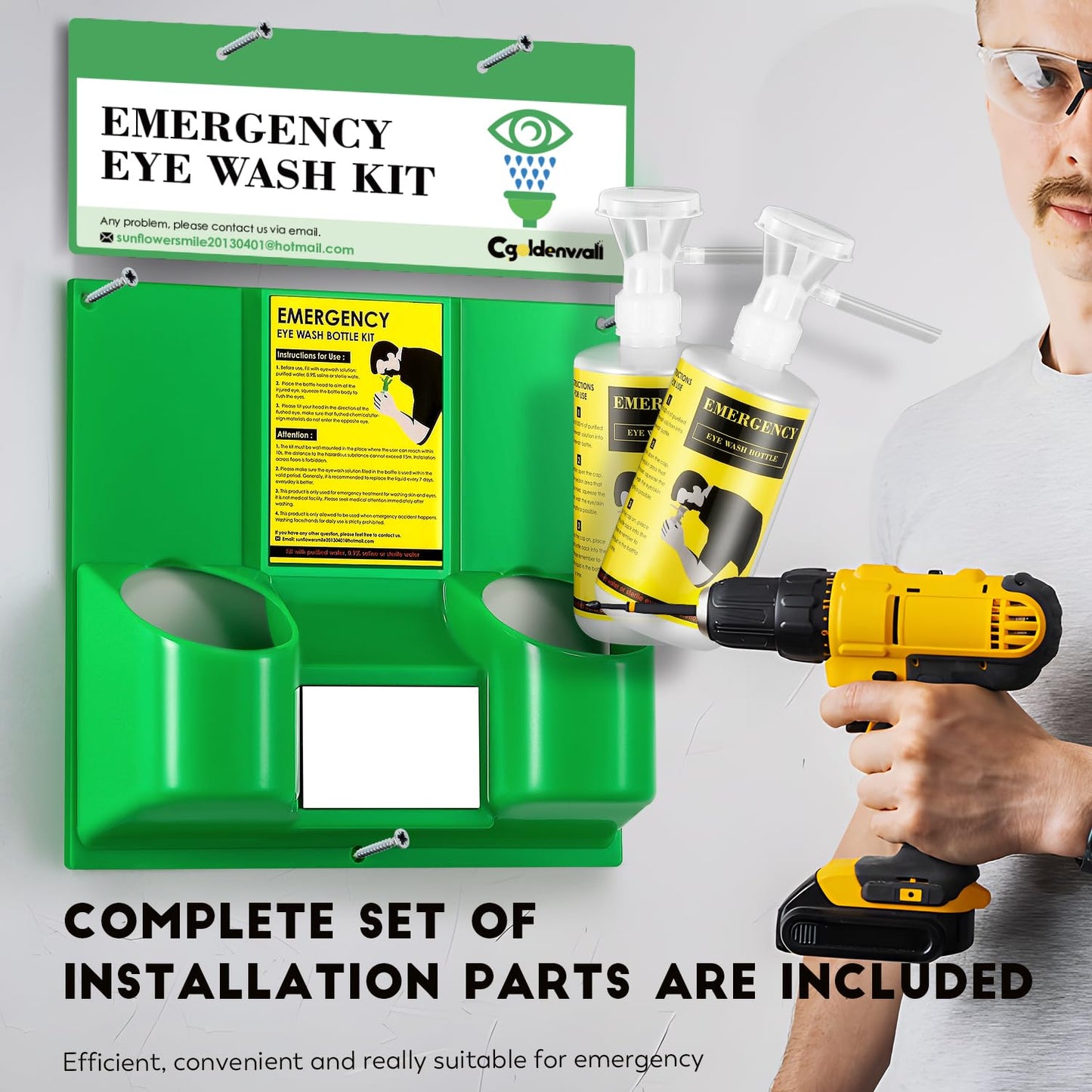 CGOLDENWALL Eye Wash Station Portable Emergency Eye Wash Kit, Wall Mounted Eyewash Station OSHA Approved, 2 * 16.9oz Bottles, with Mirror & Emergency Sign, Safety Material, NO Solution