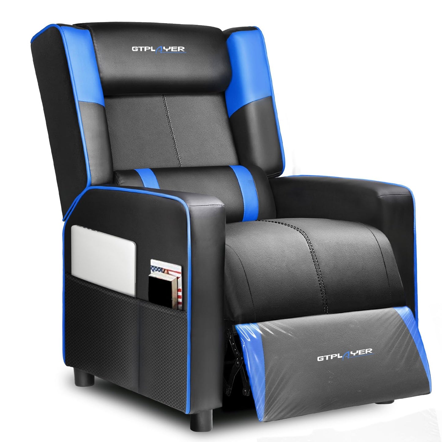 GTPLAYER Gaming Recliner Chair for Living Room Racing Style Single PU Leather Gaming Sofa for Adults Modern Game Recliners Ergonomic Comfortable Home Theater Seating, Blue