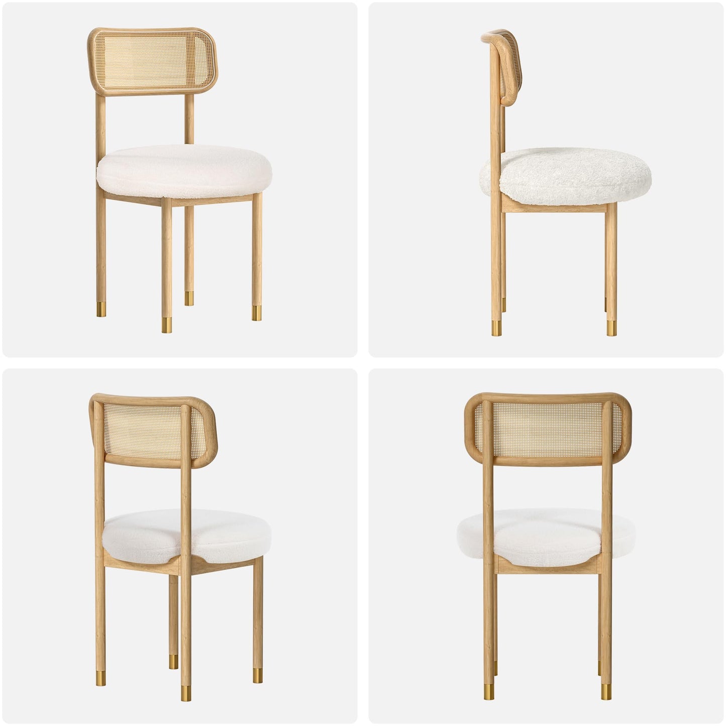 HoeuThien Upholstered Rattan Dining Chairs Set of 4, Mid Century Modern Kitchen Chairs with Curved Back and Solid Wood Legs Armless Accent Chair for Living Room Bedroom, Natural Oak/White Boucle