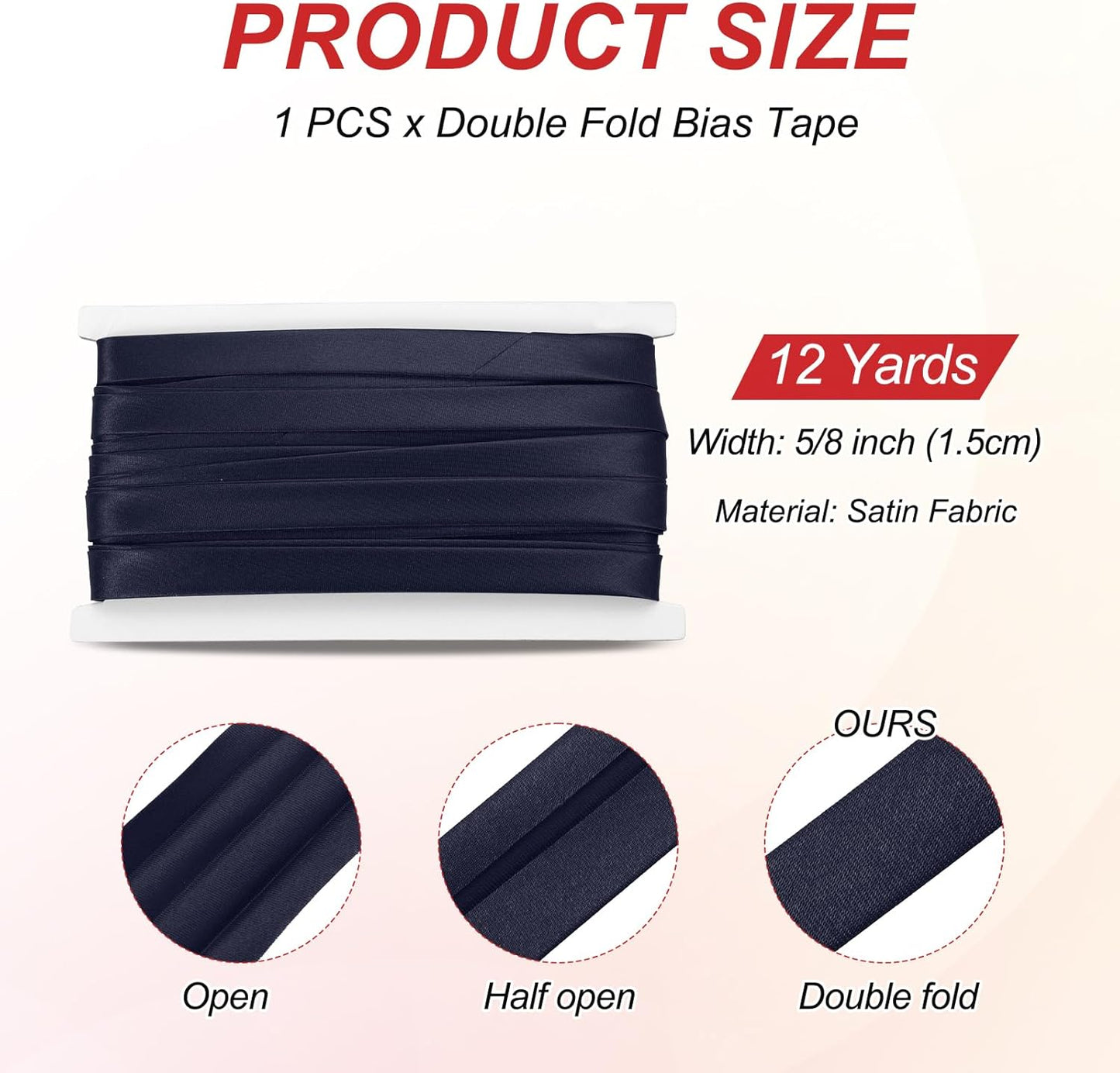 MECCANIXITY Double Fold Bias Tape for Sewing 5/8 Inch x 12 Yards Satin Pre-fold Continuous Binding Tape for Seaming Quilting Hemming Binding DIY Crafts, Navy Blue