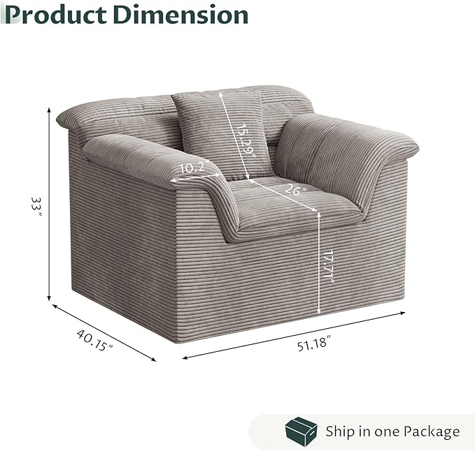 SUNG7 51" Cloud Sectional Couch, Modern Modular Sofa with Deep Seat, Comfy Compressed Single Sofa, Upholstered Corduroy Couches for Living Room, No Assembly Required, Light Gray