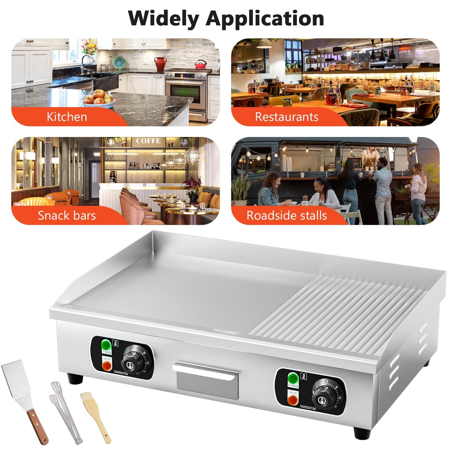 29" Commercial Electric Countertop Griddle,110V 3000W Flat Top Grill Hot Plate BBQ,Adjustable Thermostatic Control 122°F-572°F,Stainless Steel Restaurant Grill for Kitchen(NO PLUG)