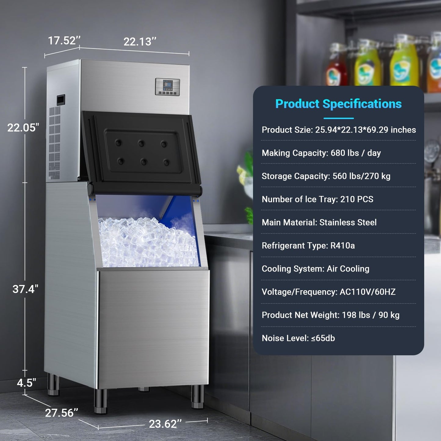 Commercial Ice Machine 680 LBS/24H, Commercial Ice Maker with 560 LBS Storage Bin, Ice Cubes Ready in 5-15 min, Freestanding Ice Maker Machine, Self-Cleaning, Thicknesses Adjustable, Stainless Steel