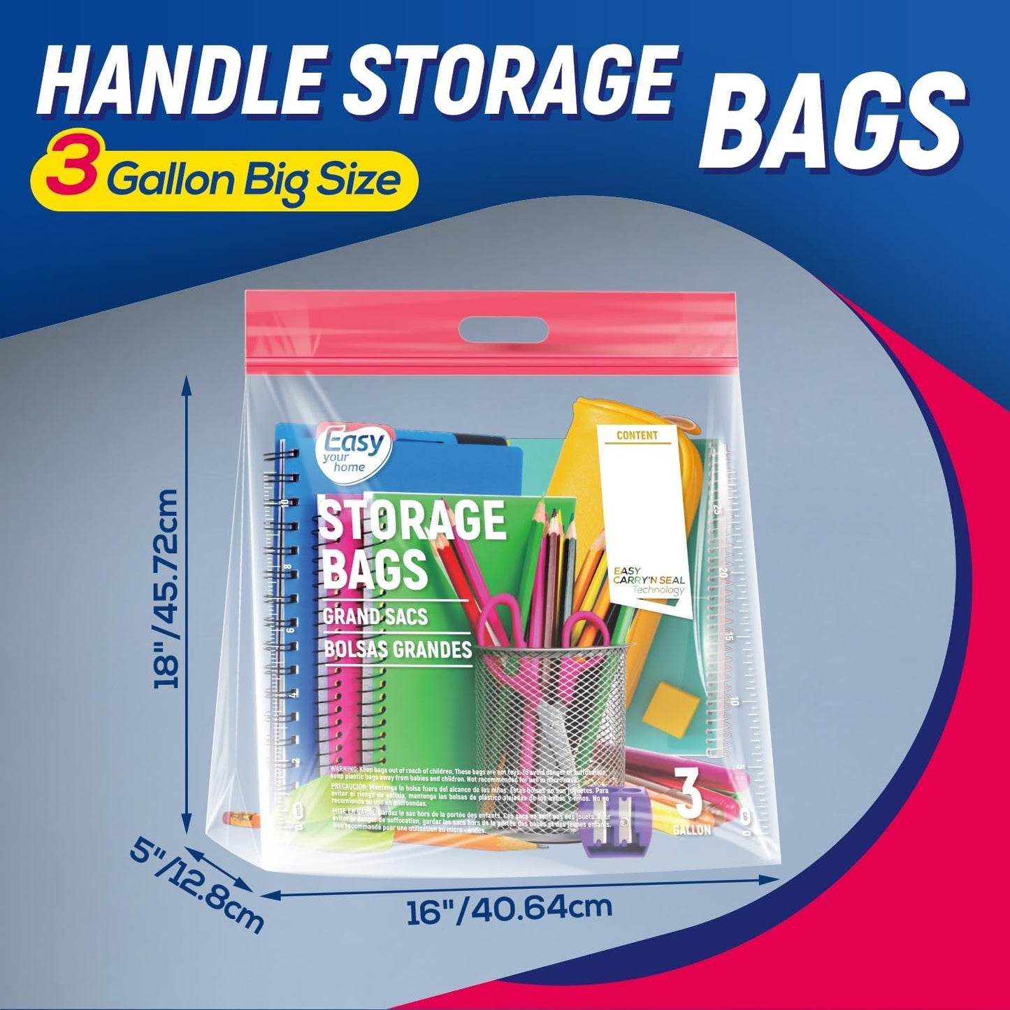 EASYYOURHOME 3 Gallon Zipper Lock Plastic Bags with Handle and Bottom,16"x18"x5'',Extra Large Size Reusable Storage Bag with Double Zip for Clothing,Travel,Moving,Beach,BPA-Free,3-Mil Thick