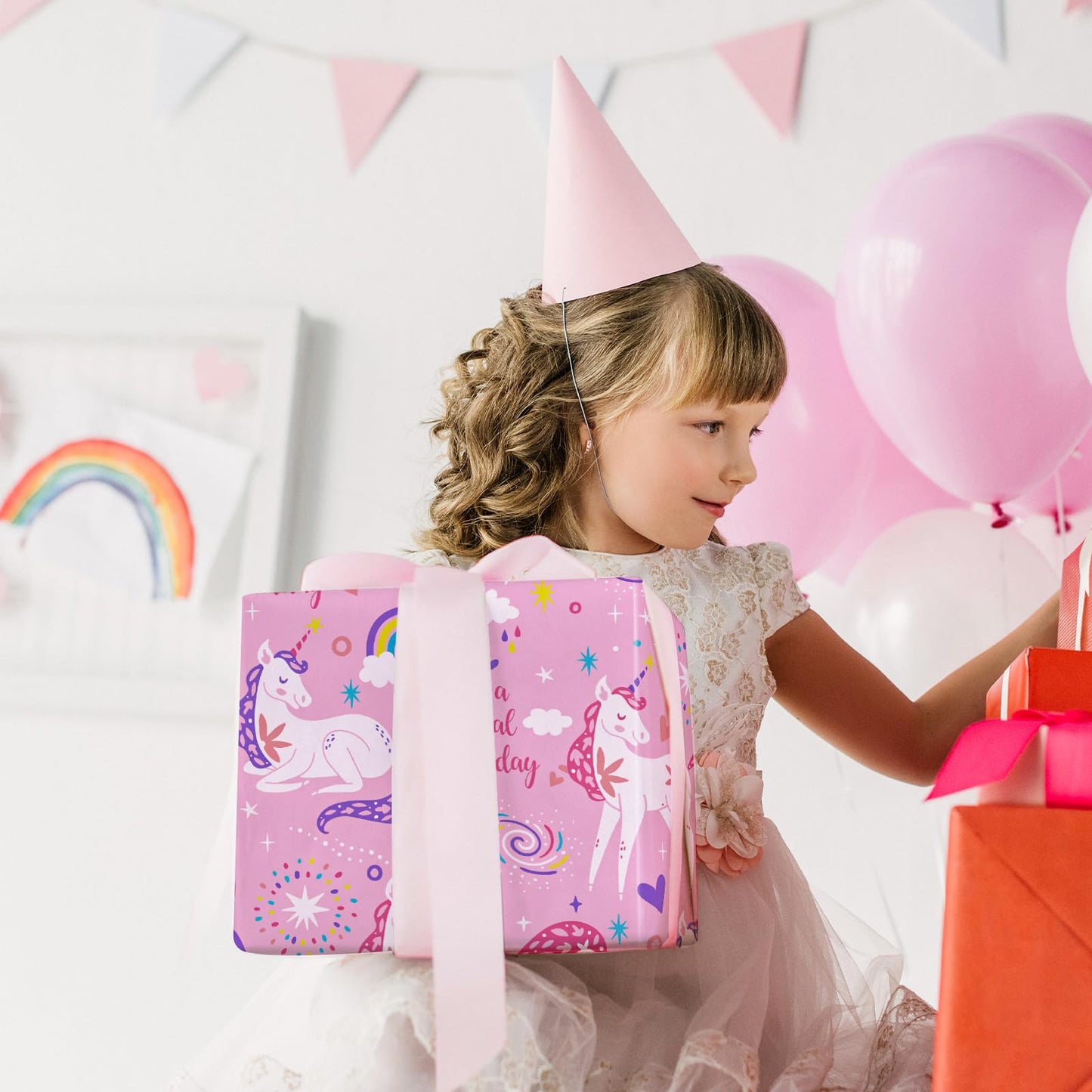 WRAPAHOLIC 30 Inch Jumbo Pink Unicorn Birthday Wrapping Paper Roll - 30 Inch x 33 Feet - Perfect for Girls Birthday, Baby Shower, Party, Holiday