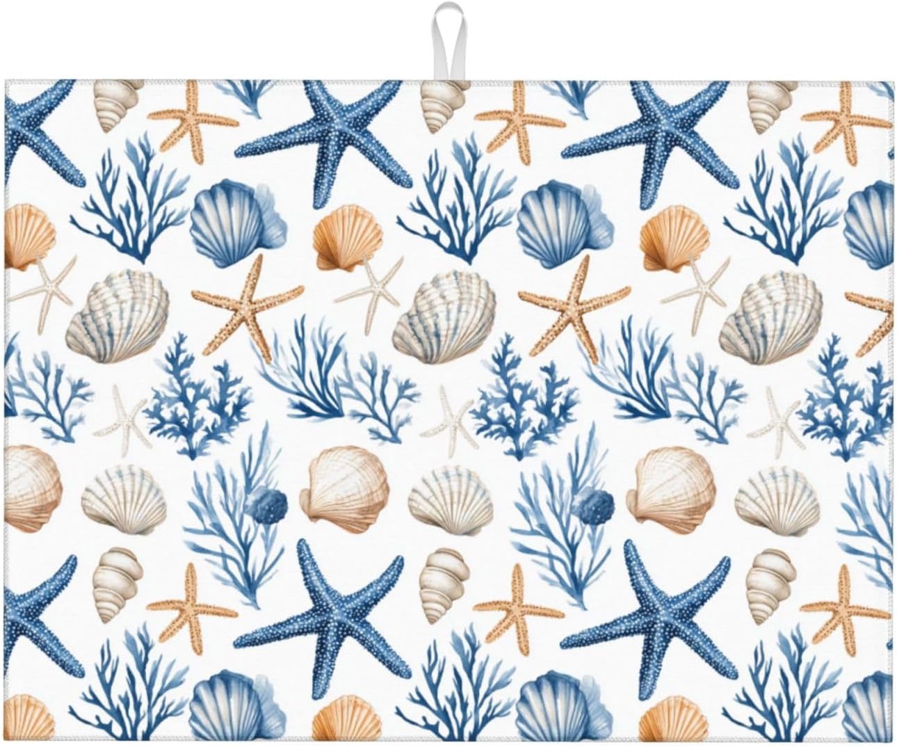 Dish Drying Mat for Kitchen Blue Seashell Starfish Childish Counter Absorbent Dishes Drainer Microfiber Large 18x24 Inch