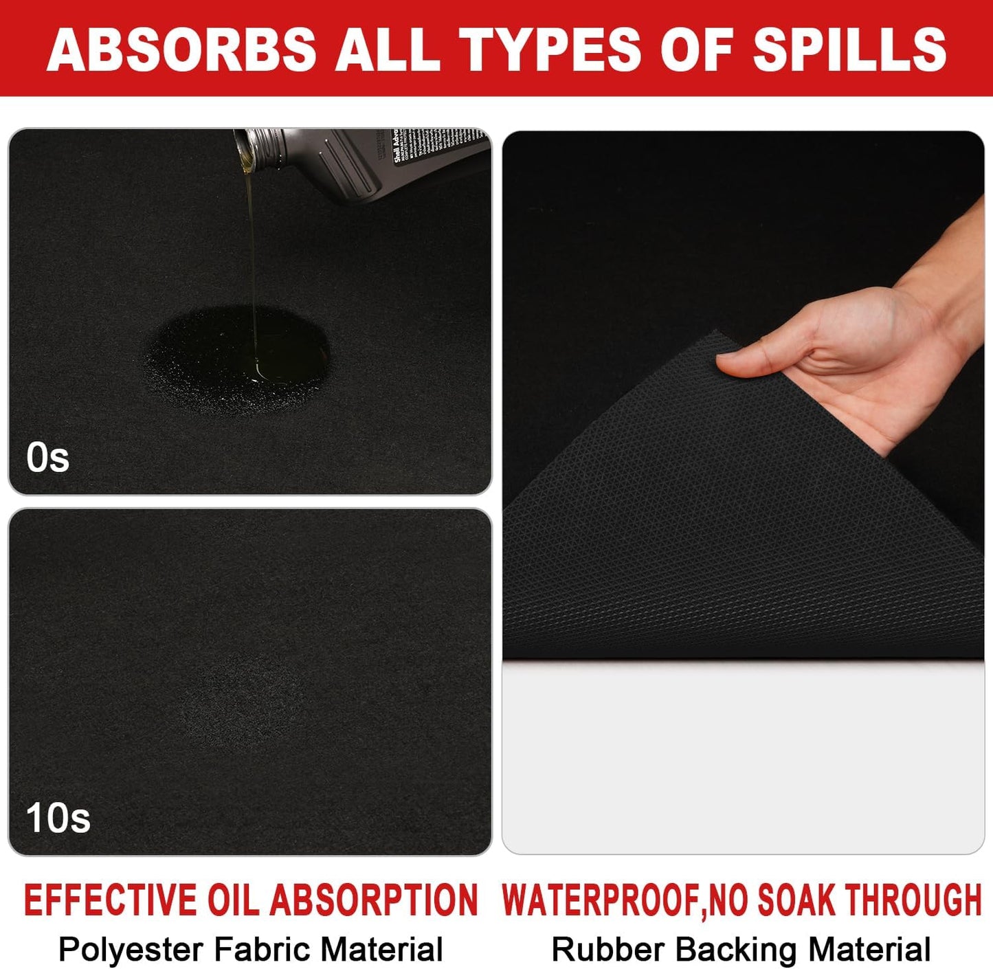 Golener Oil Spill Mat - Garage Floor Mat, Absorbent Oil Pad, Premium Maintenance Mat, Waterproof, Contain Liquid, Protect Garage Surface from Spill & Stain, Reusable, Washable, Durable, Black, 48”x96”