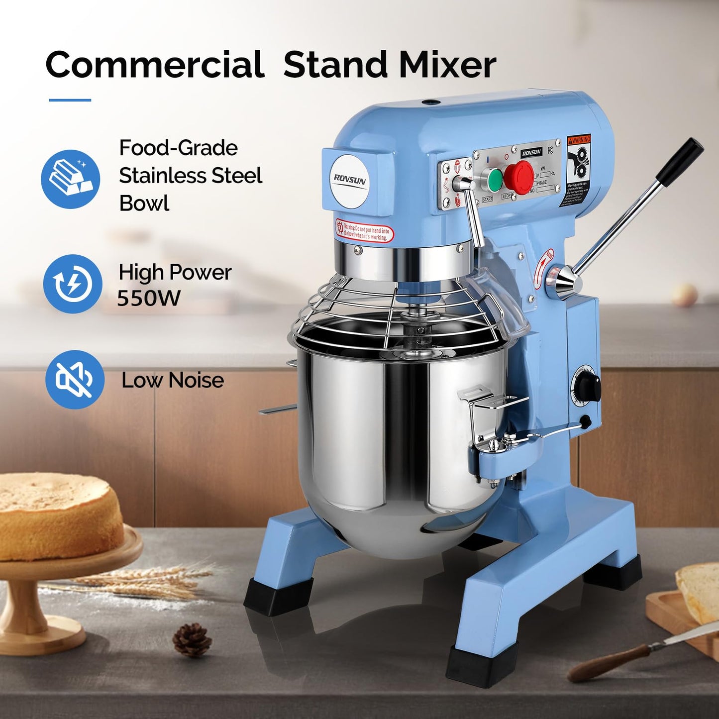 ROVSUN 15QT Commercial Food Mixer, 550W Electric Commercial Dough Mixer with 3-Speeds Adjustable, Heavy Duty Commercial Stand Mixer with Stainless Steel Bowl for Bakery Pizzeria Restaurants, Blue