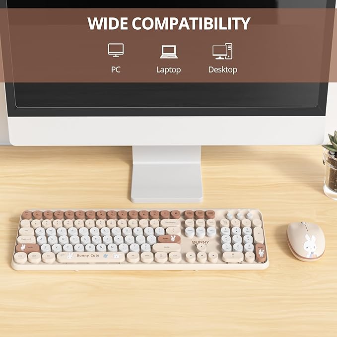 Owpkeenthy Cute Beige Keyboard and Mouse Wireless, Colorful Keyboard Retro Typewriter Style Full-Sized with Number Pad Round Keys for Desktop, Laptop and Computerr (Bunny Beige)