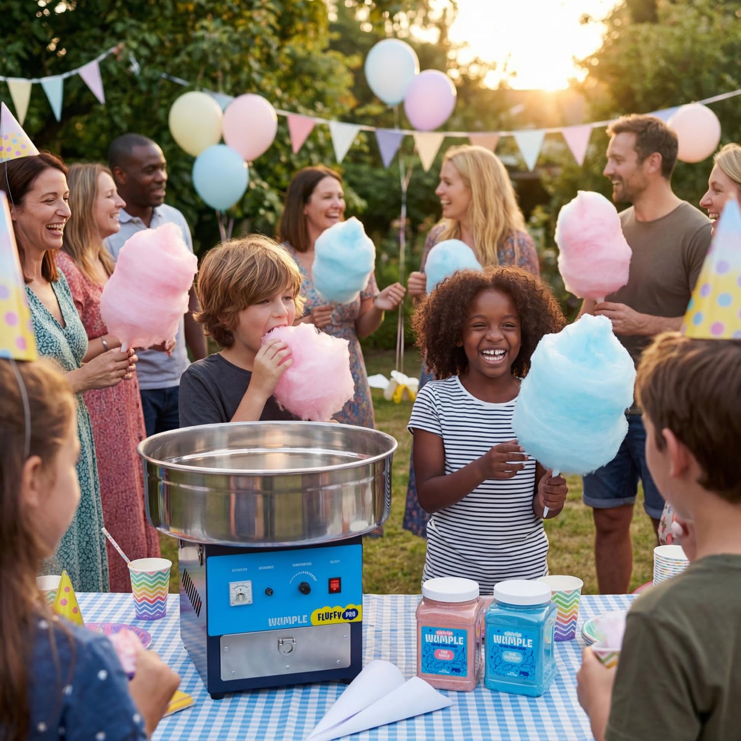 Wumple Cotton Candy Machine Pro Bundle - Commercial Electric Maker with Drawer, Large Stainless Steel Bowl & 3 Flavored Sugars - 70 Cones Included - Perfect for Parties & Business - Blue