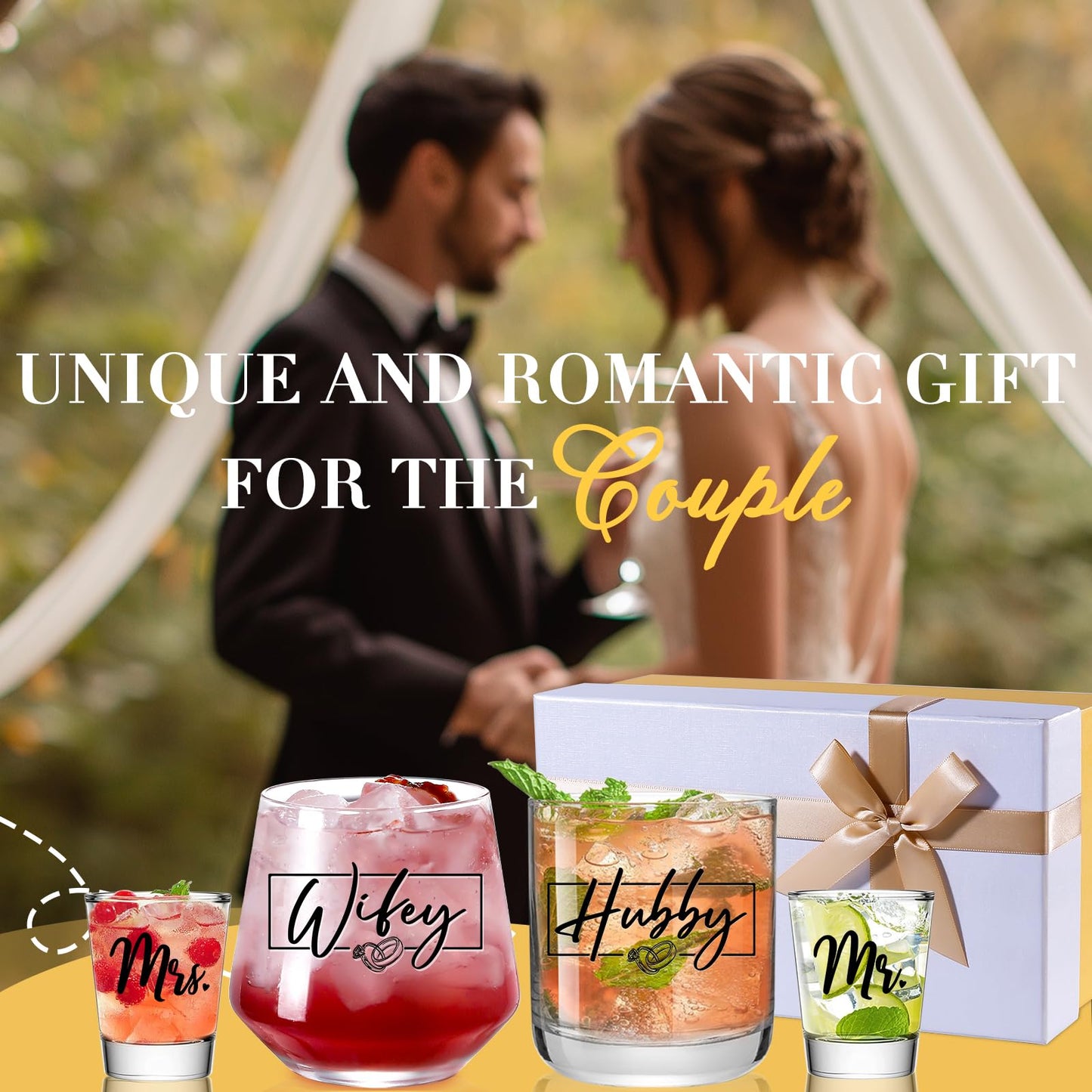 JOVGANK Wedding Gifts for Couples 2025, Bridal Shower Gifts, His and Hers Glass, Mr and Mrs Glass, Drinking Glasses Set, Hubby and Wifey Gift, Couples Gift for Bride and Groom