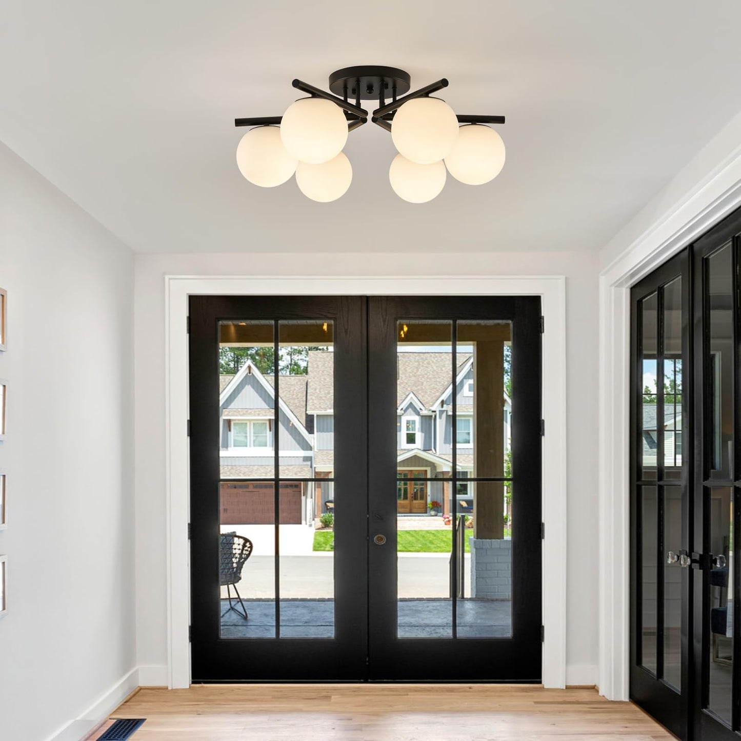 Bsyormak Sputnik Semi Flush Mount Ceiling Light, 6 Globe Lights Sputnik Ceiling Light Fixture, Milk Glass Globe Chandelier for Dining Room, Black Mid Century Modern Chandelier for Living Room, Hallway